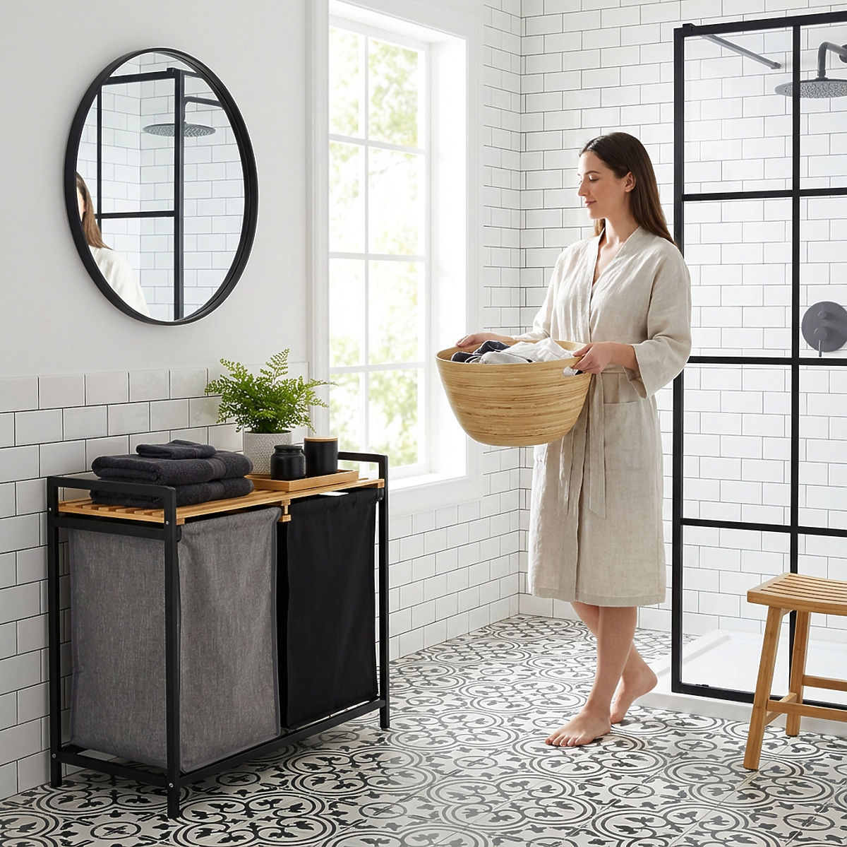 cesto per biancheria o giocattoli in bambù HANOI BLACK 2 scomparti DUO COLORE