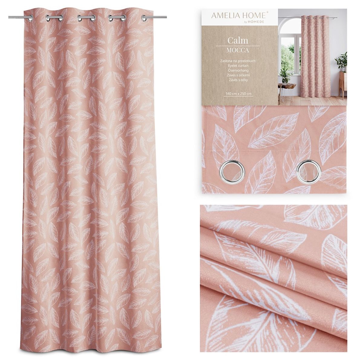 Tenda CALM colore rosa cipria motivo vegetale stampato stile classico occhielli metallici argentati