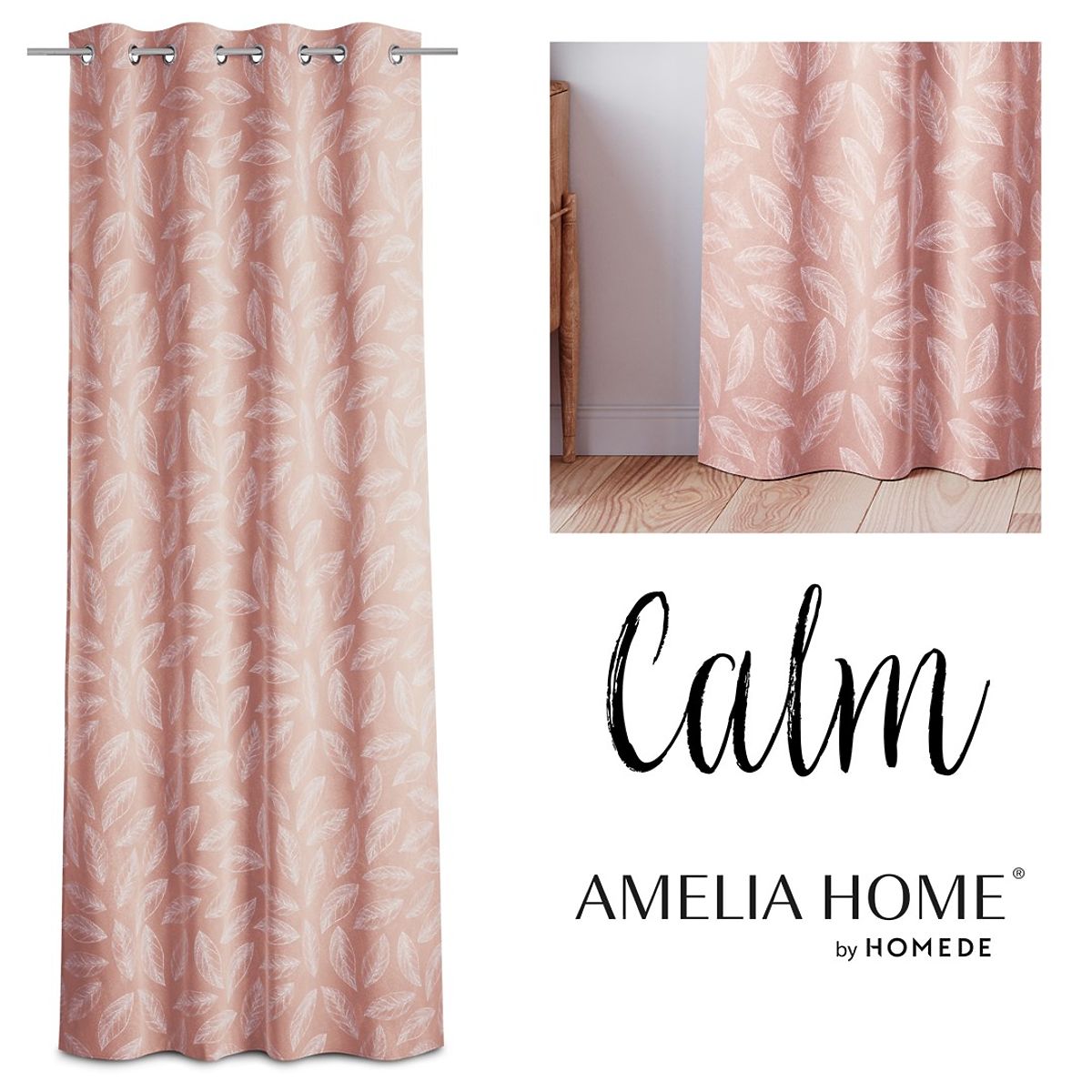 Tenda CALM colore rosa cipria motivo vegetale stampato stile classico occhielli metallici argentati