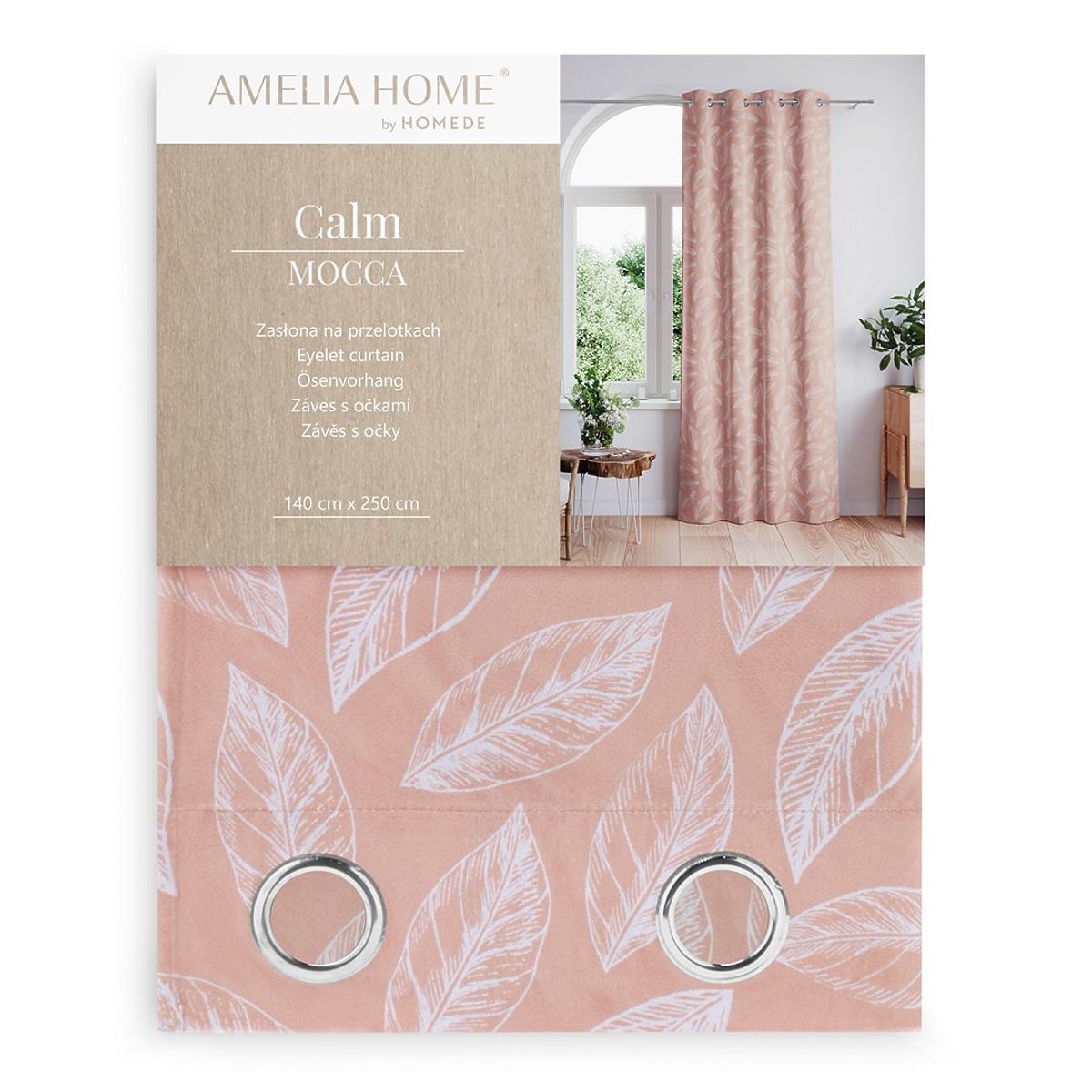 Tenda CALM colore rosa cipria motivo vegetale stampato stile classico occhielli metallici argentati