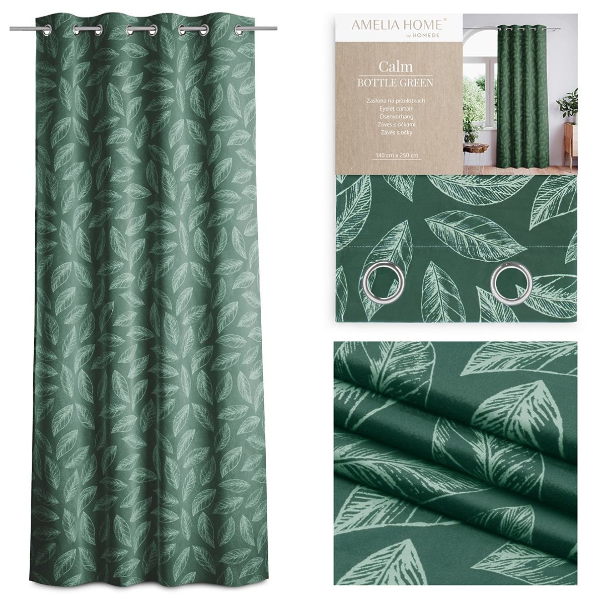 Tenda CALM colore verde bottiglia motivo vegetale stampato stile classico anelli metallici argentati