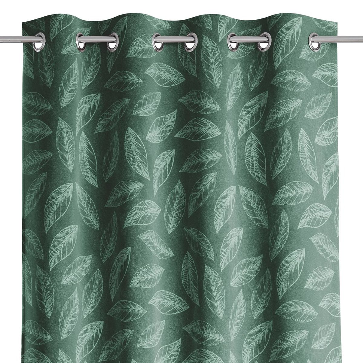 Tenda CALM colore verde bottiglia motivo vegetale stampato stile classico anelli metallici argentati