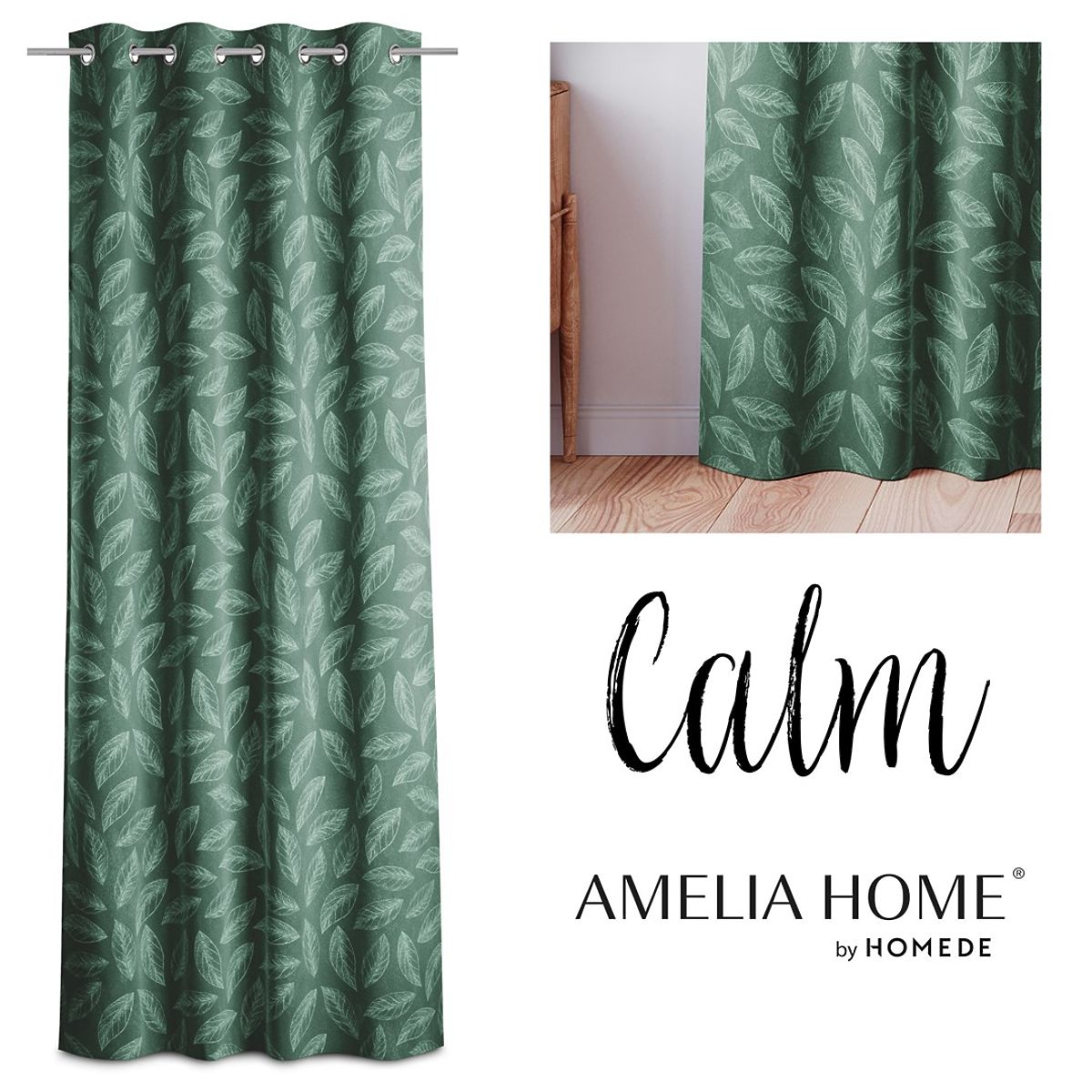 Tenda CALM colore verde bottiglia motivo vegetale stampato stile classico anelli metallici argentati