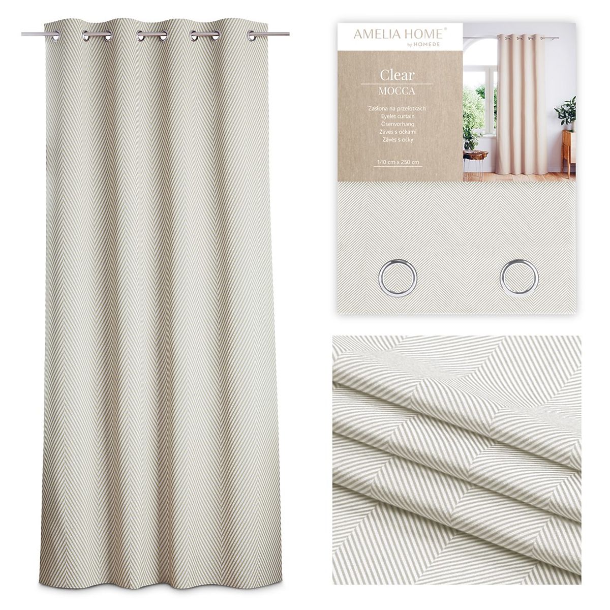 Tenda CLEAR colore cappuccino motivo stampato stile boho classico occhielli metallici argentati