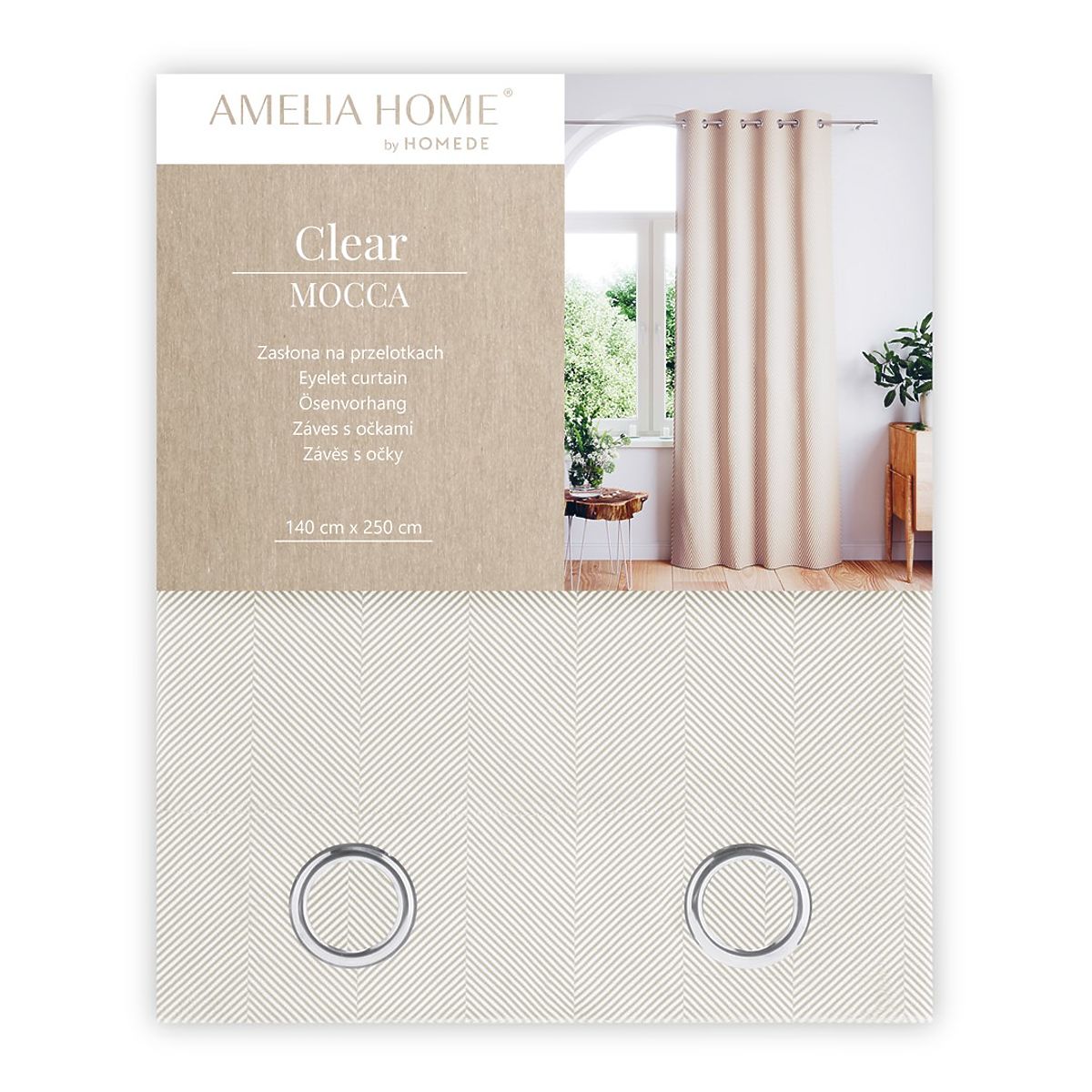 Tenda CLEAR colore cappuccino motivo stampato stile boho classico occhielli metallici argentati