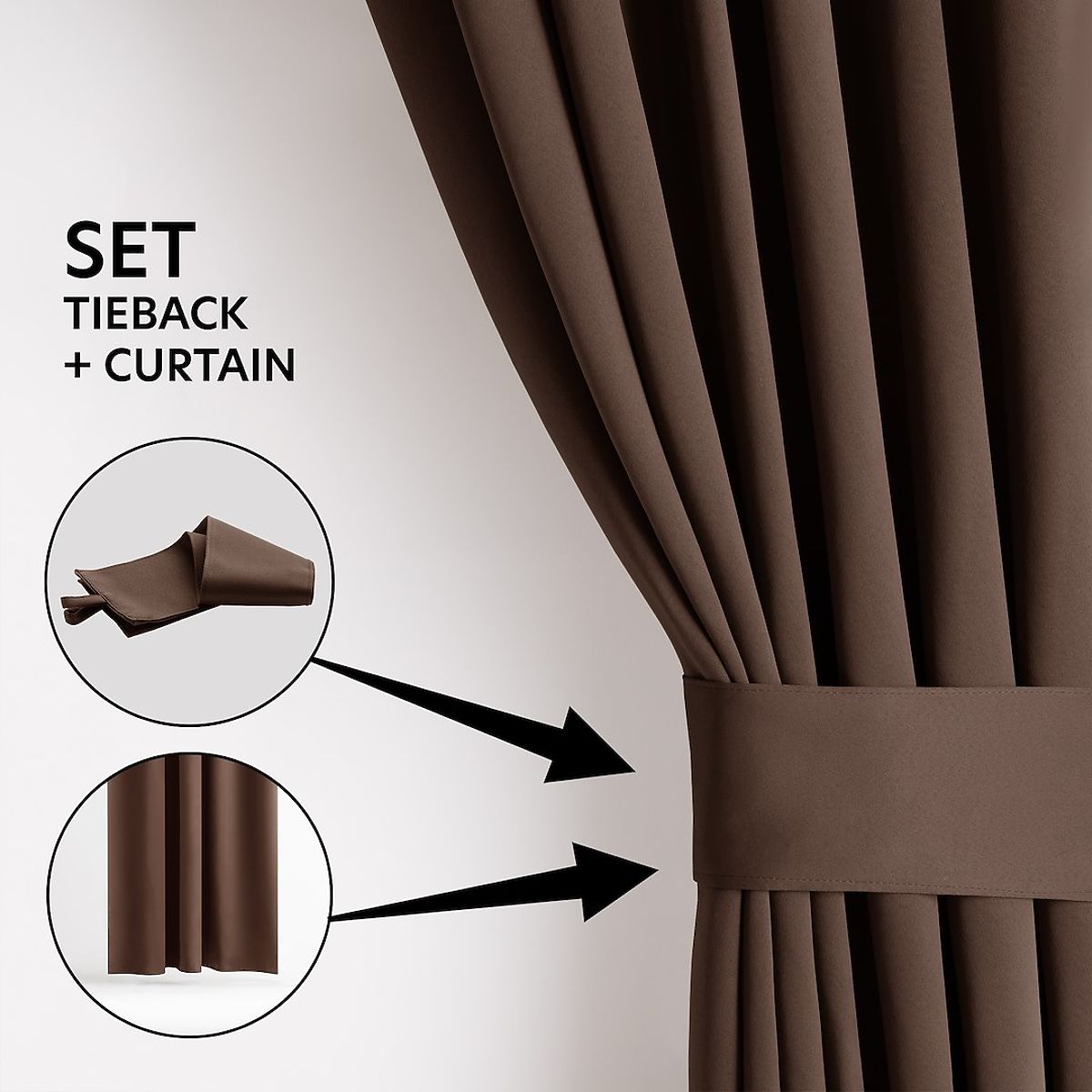 Tenda RESTILO BLACKOUT colore marrone, fascetta per legatura, stile classico, occhielli argento, mat
