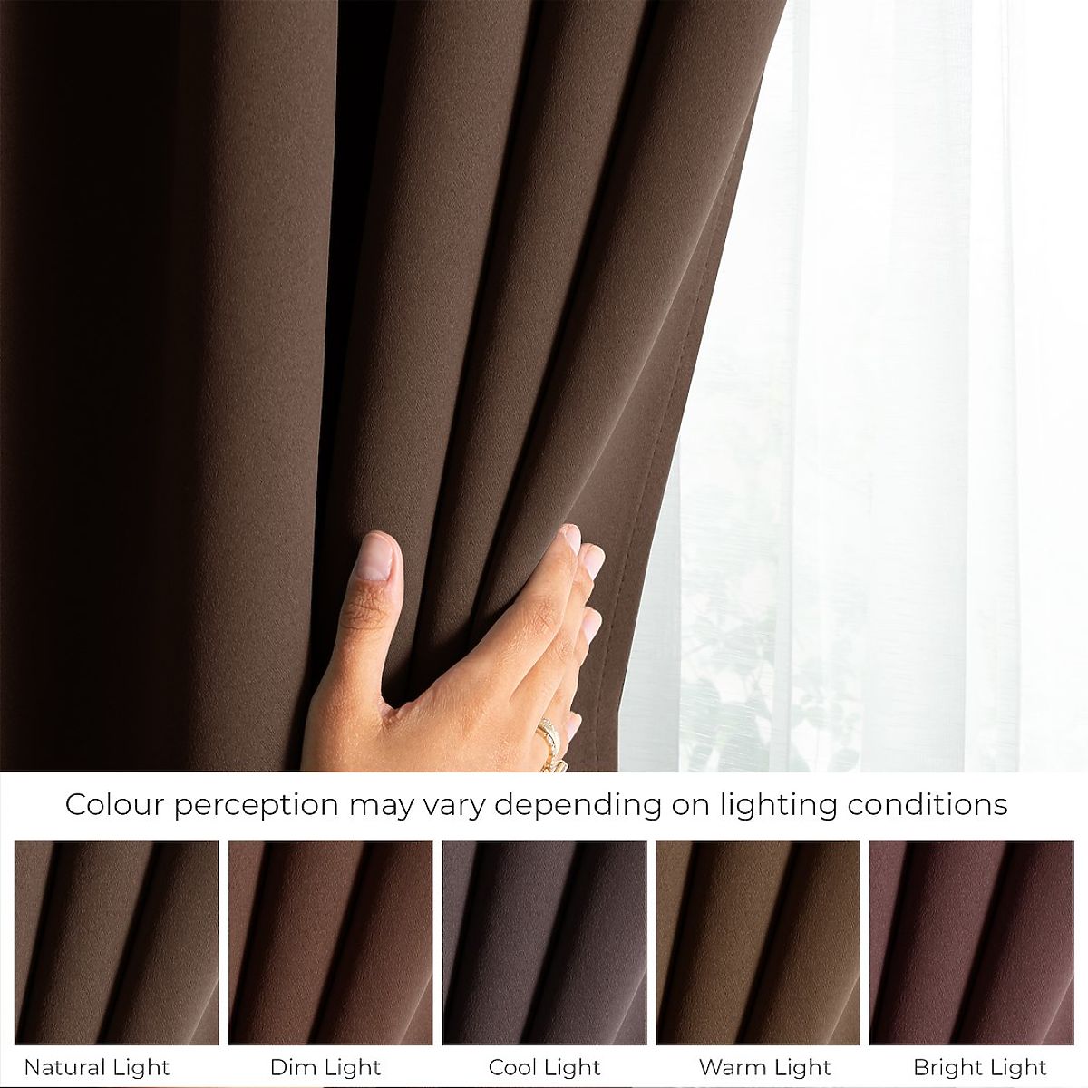 Tenda RESTILO BLACKOUT colore marrone, fascetta per legatura, stile classico, occhielli argento, mat