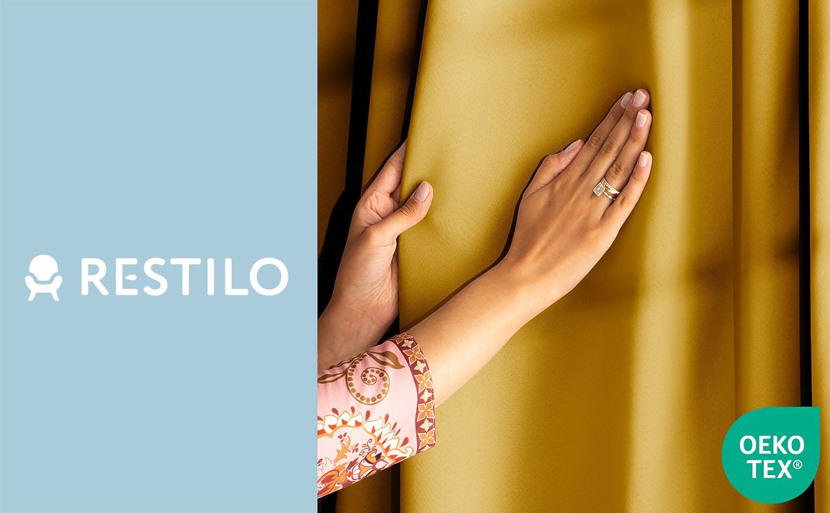Tenda RESTILO BLACKOUT colore senape, stile classico, anelli argentati, materiale