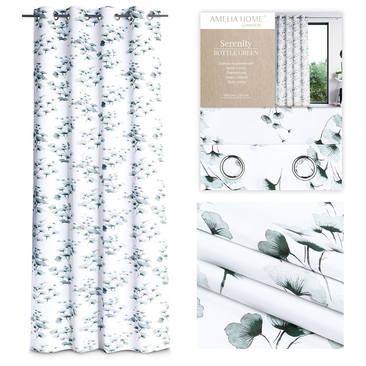 Tenda SERENITY colore bianco motivo vegetale stampato stile classico occhielli metallici argentati