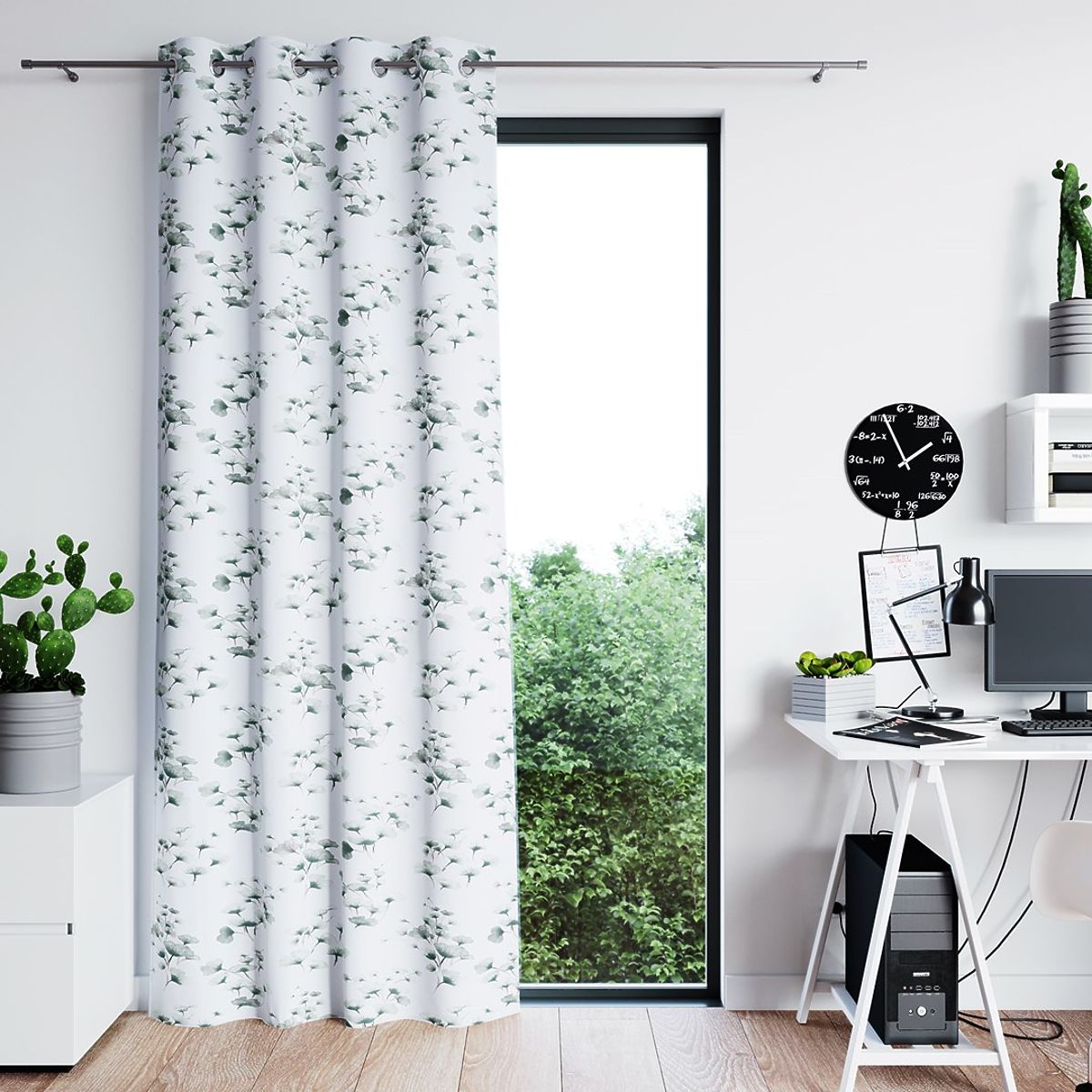 Tenda SERENITY colore bianco motivo vegetale stampato stile classico occhielli metallici argentati