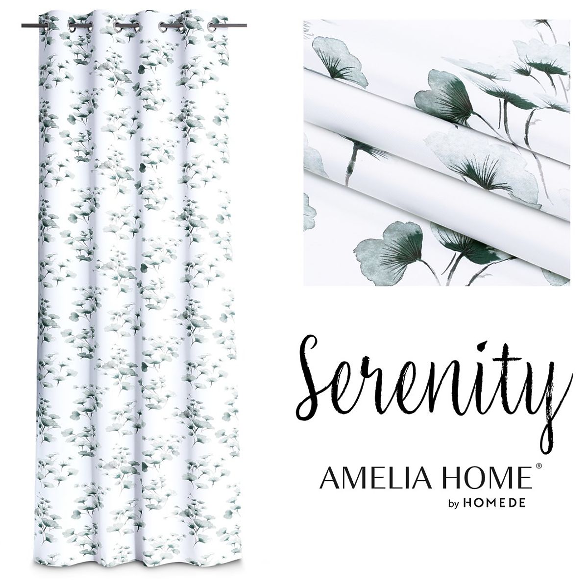 Tenda SERENITY colore bianco motivo vegetale stampato stile classico occhielli metallici argentati