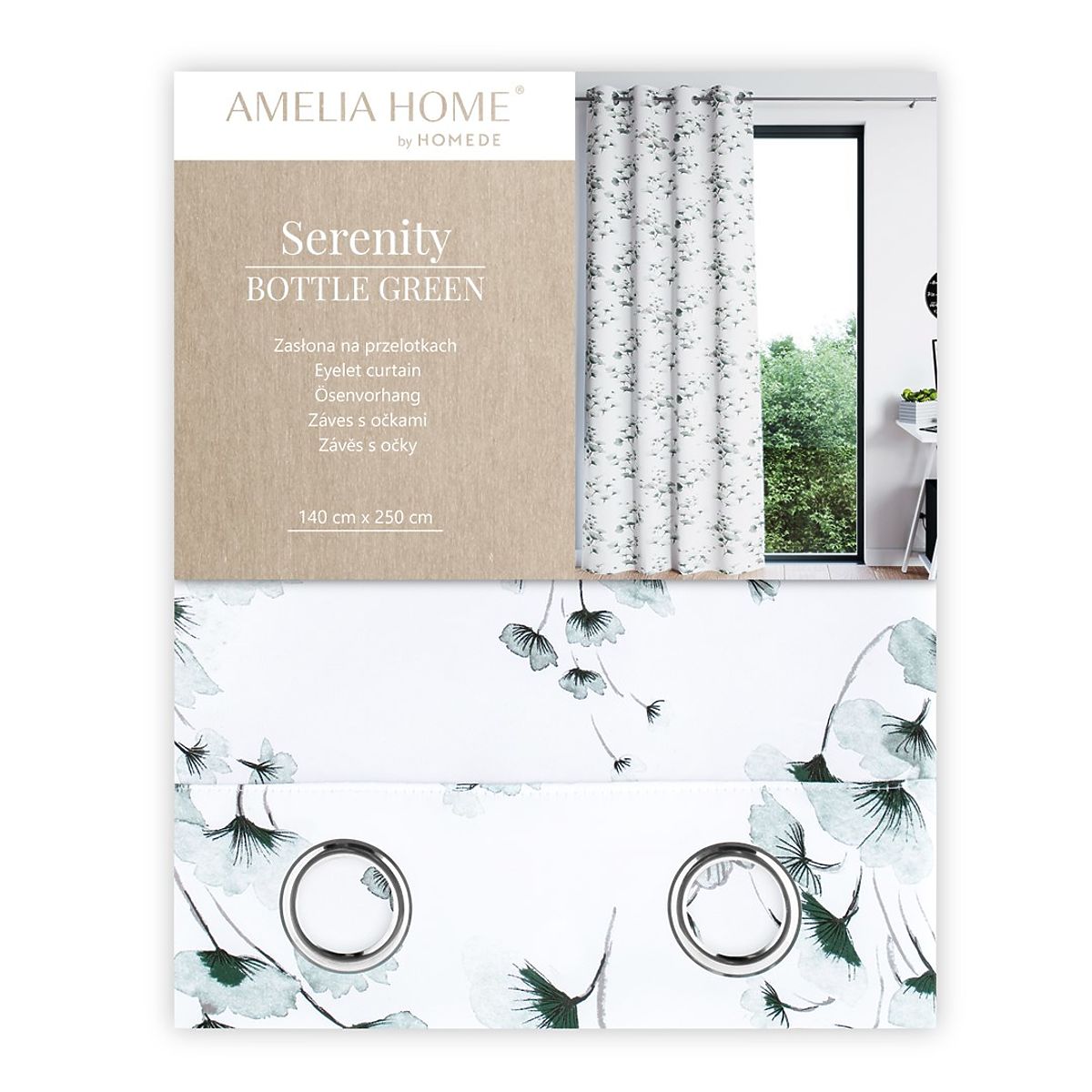Tenda SERENITY colore bianco motivo vegetale stampato stile classico occhielli metallici argentati