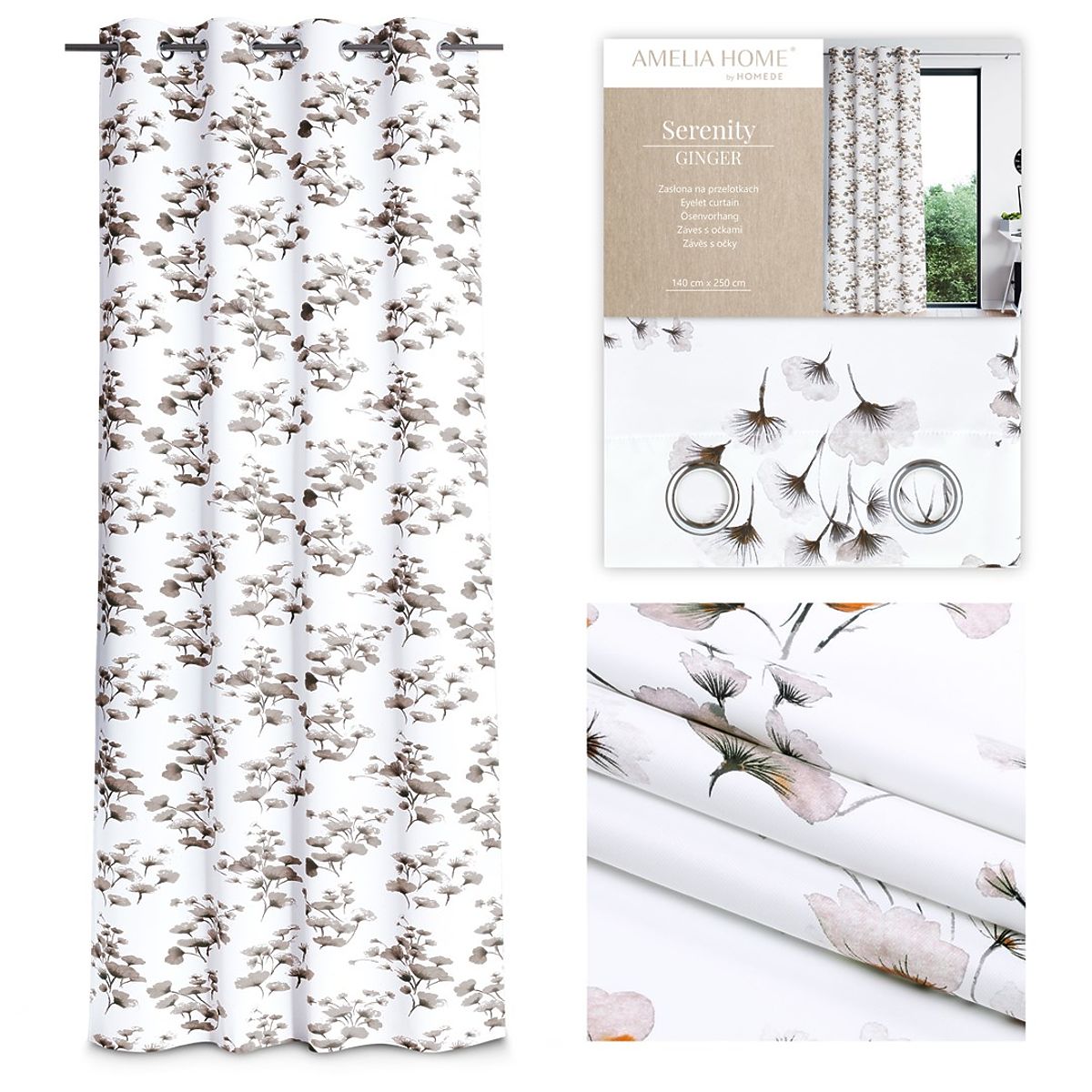 Tenda SERENITY colore bianco motivo vegetale stampato stile classico occhielli metallici argentati