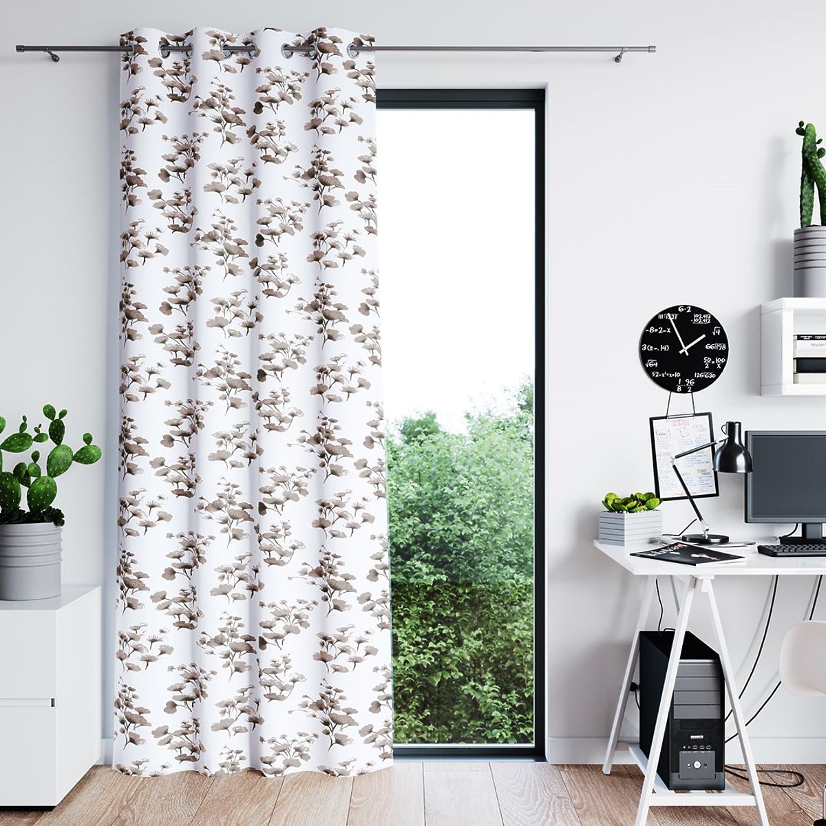 Tenda SERENITY colore bianco motivo vegetale stampato stile classico occhielli metallici argentati