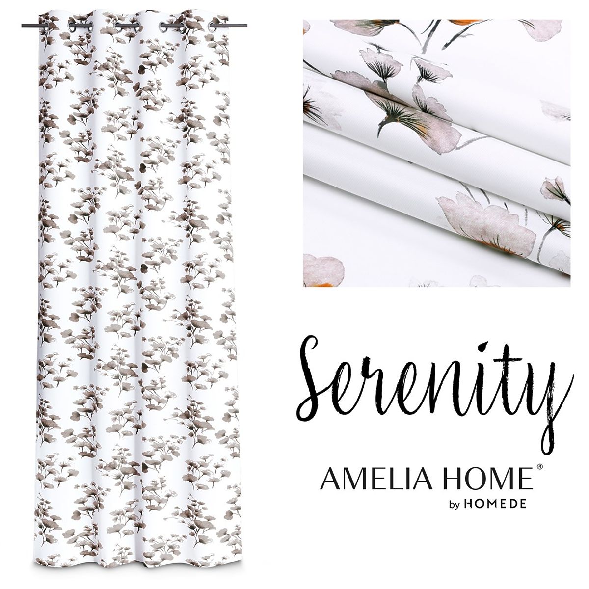 Tenda SERENITY colore bianco motivo vegetale stampato stile classico occhielli metallici argentati