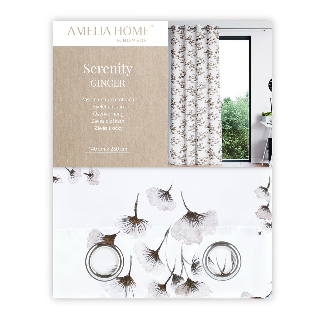 Tenda SERENITY colore bianco motivo vegetale stampato stile classico occhielli metallici argentati