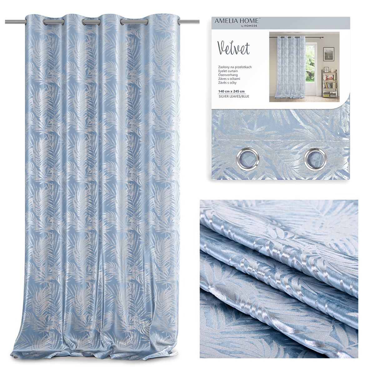 Tenda SILVERLEAVES colore azzurro stile glamour occhielli argento velluto 140x245 AmeliaH