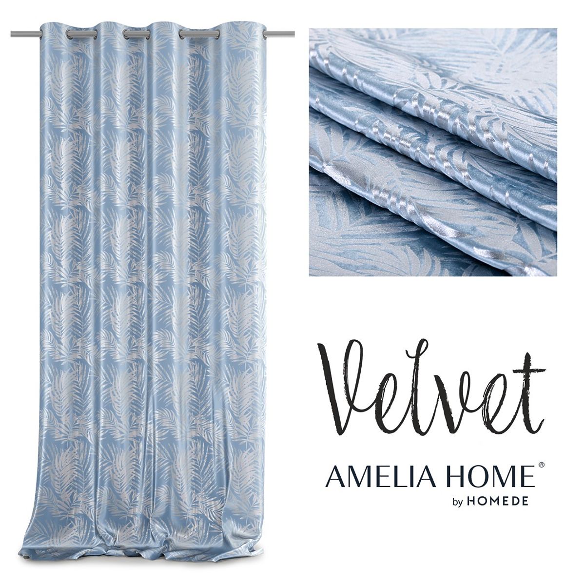 Tenda SILVERLEAVES colore azzurro stile glamour occhielli argento velluto 140x245 AmeliaH