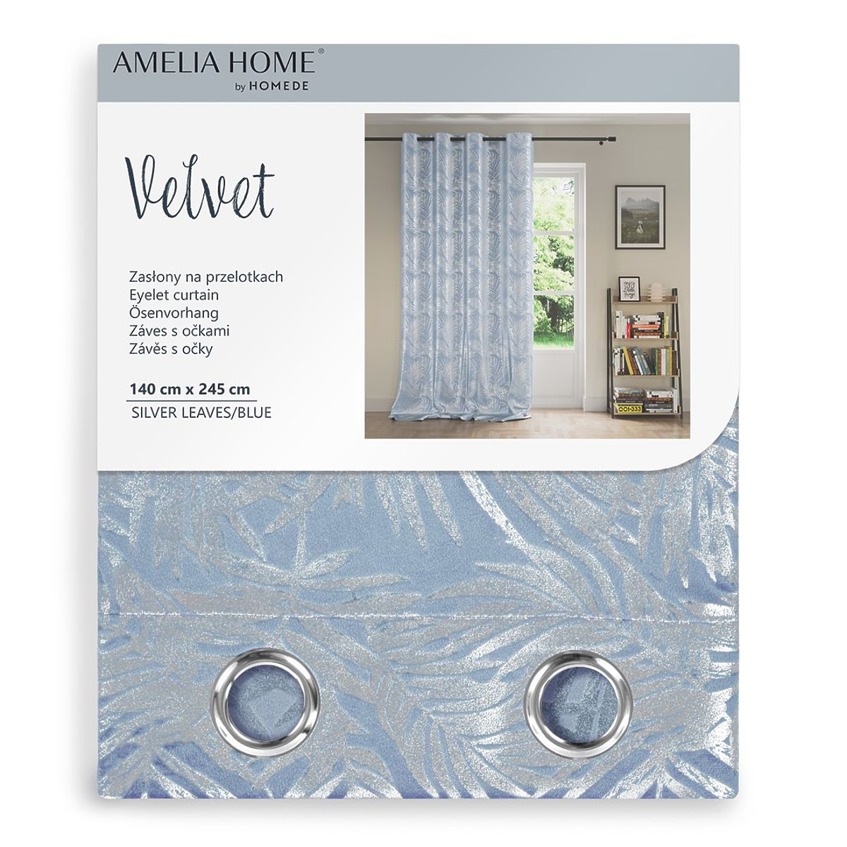 Tenda SILVERLEAVES colore azzurro stile glamour occhielli argento velluto 140x245 AmeliaH