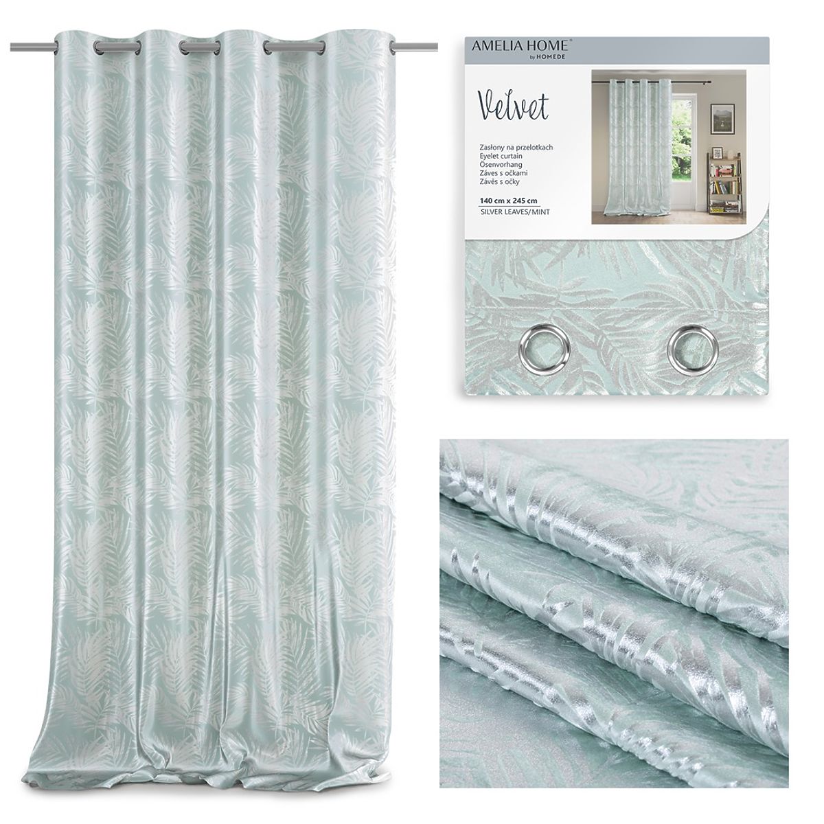 Tenda SILVERLEAVES colore menta stile stampato glamour occhielli argento velluto 140x245 AmeliaHom