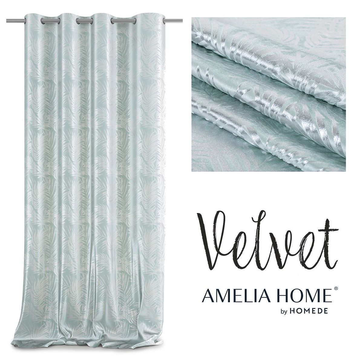 Tenda SILVERLEAVES colore menta stile stampato glamour occhielli argento velluto 140x245 AmeliaHom