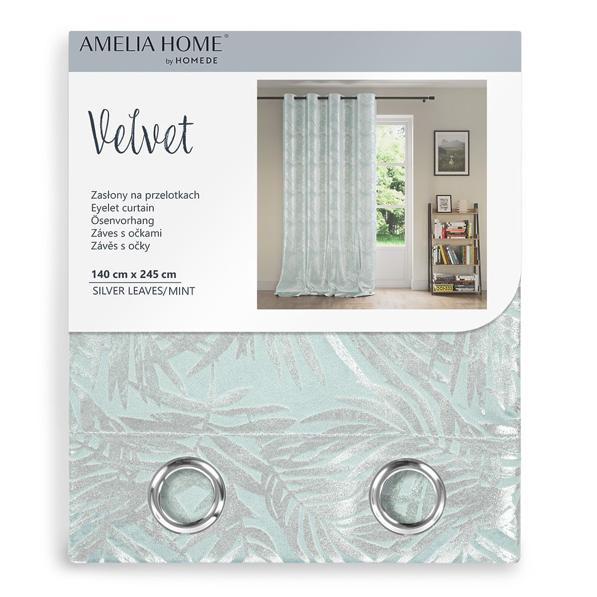 Tenda SILVERLEAVES colore menta stile stampato glamour occhielli argento velluto 140x245 AmeliaHom