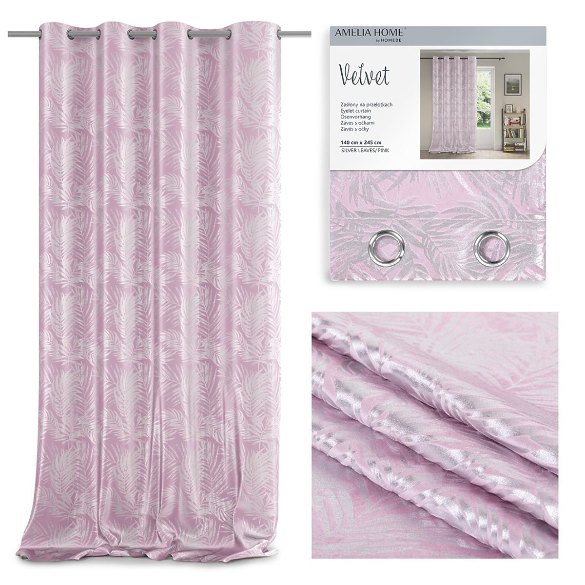 Tenda SILVERLEAVES colore rosa cipria stile glamour occhielli argento velluto 140x245 Ameli