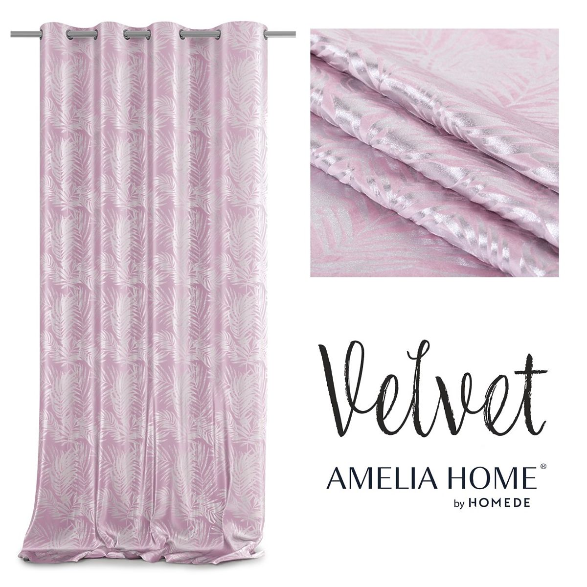Tenda SILVERLEAVES colore rosa cipria stile glamour occhielli argento velluto 140x245 Ameli