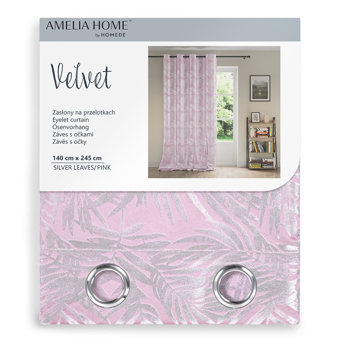 Tenda SILVERLEAVES colore rosa cipria stile glamour occhielli argento velluto 140x245 Ameli