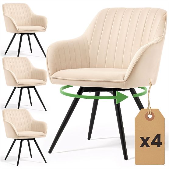 4x Sedia Girevole in Velluto con Cuciture Beige TURNO Gambe Nere