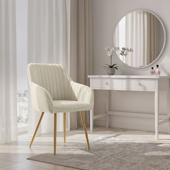 4x Sedia imbottita in velluto con cuciture verticali Crema FLORENCE Gambe dorate