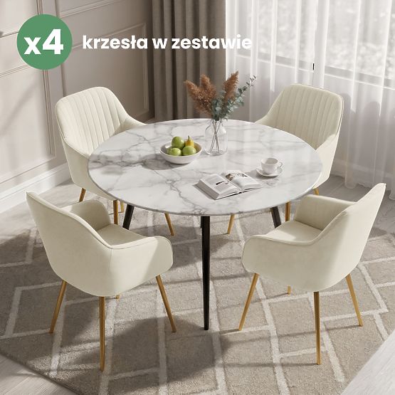 4x Sedia imbottita in velluto con cuciture verticali Crema FLORENCE Gambe dorate