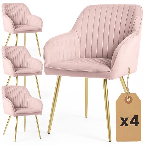 4x Sedia imbottita in velluto con cuciture verticali Rosa Cipria FLORENCE Gambe dorate