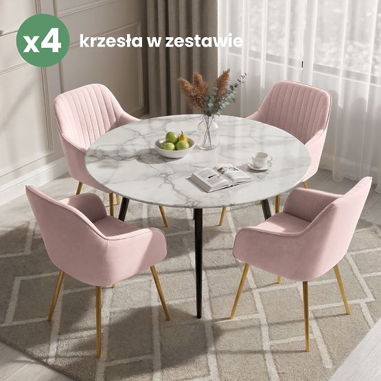 4x Sedia imbottita in velluto con cuciture verticali Rosa Cipria FLORENCE Gambe dorate