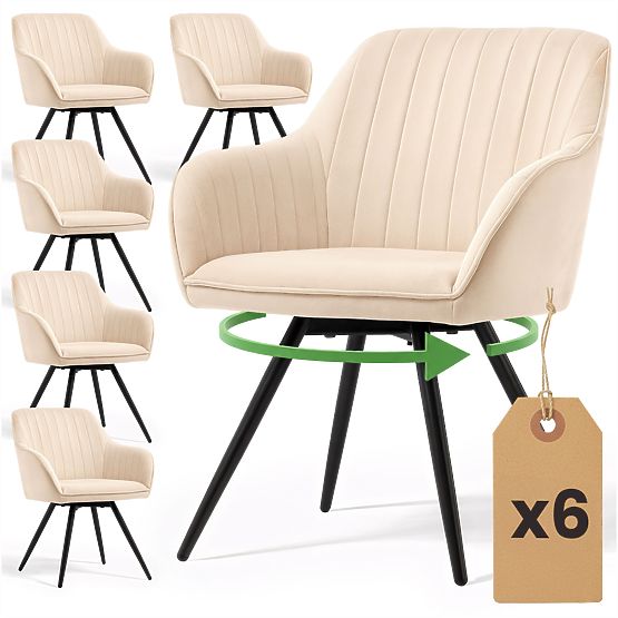 6x Sedia Girevole in Velluto con Cuciture Beige TURNO Gambe Nere