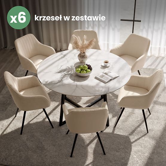 6x Sedia Girevole in Velluto con Cuciture Beige TURNO Gambe Nere