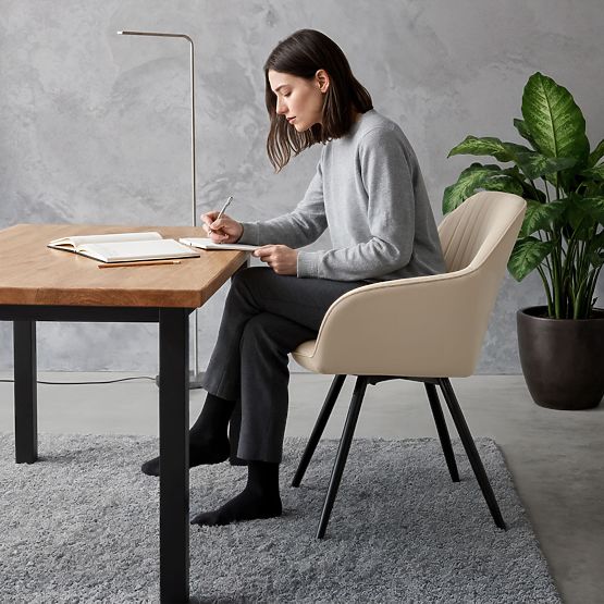 6x Sedia Girevole in Velluto con Cuciture Beige TURNO Gambe Nere