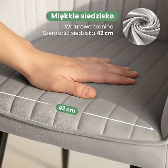 6x Sedia imbottita in velluto con cuciture Grigia FLORENCE Gambe nere