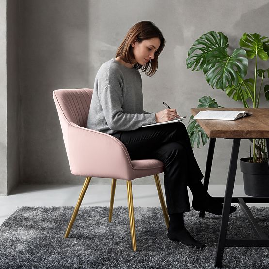 6x Sedia imbottita in velluto con cuciture Rosa Cipria FLORENCE Gambe dorate