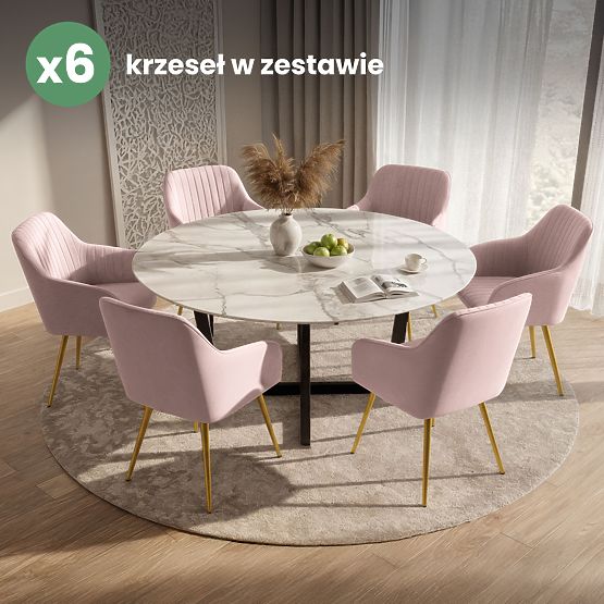 6x Sedia imbottita in velluto con cuciture Rosa Cipria FLORENCE Gambe dorate