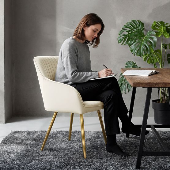 6x Sedia imbottita in velluto con cuciture verticali Crema FLORENCE Gambe dorate