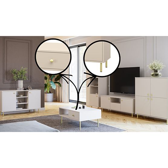 Alta credenza a quattro ante Venus cashmere con gambe in metallo dorato