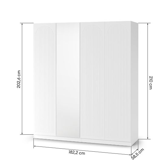 Armadio a quattro ante Neroli, scanalature ad arco/specchio, bianco