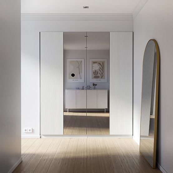 Armadio a quattro ante Neroli, scanalature semplici/specchio, bianco