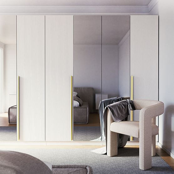 Armadio a quattro ante Neroli, scanalature semplici/specchio, bianco