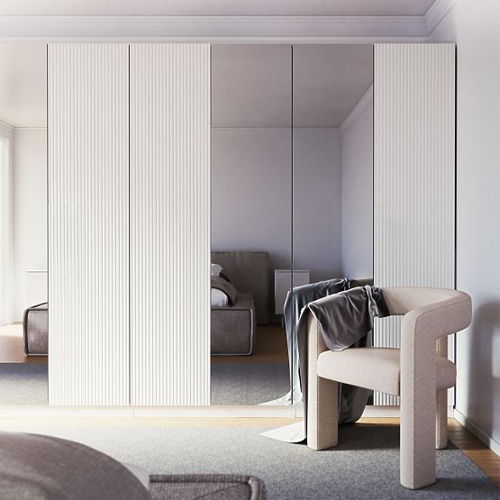 Armadio a quattro ante Neroli, scanalature semplici/specchio, bianco