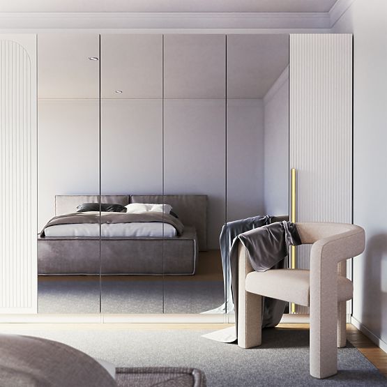 Armadio a quattro ante Neroli, specchio/scanalature semplici, bianco