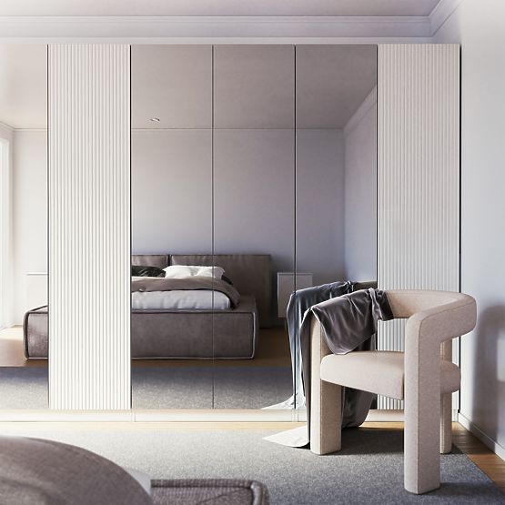 Armadio a quattro ante Neroli, specchio/scanalature semplici, bianco