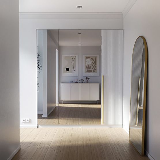 Armadio a quattro ante Neroli, specchio/scanalature semplici, bianco