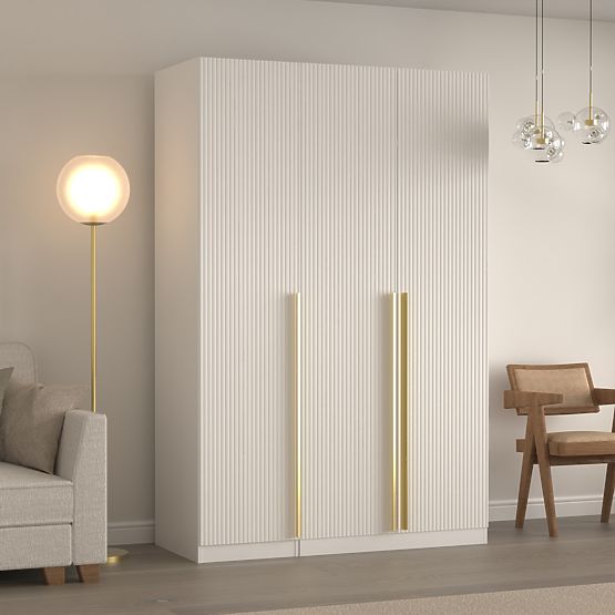 Armadio a tre ante Neroli, scanalature semplici, bianco